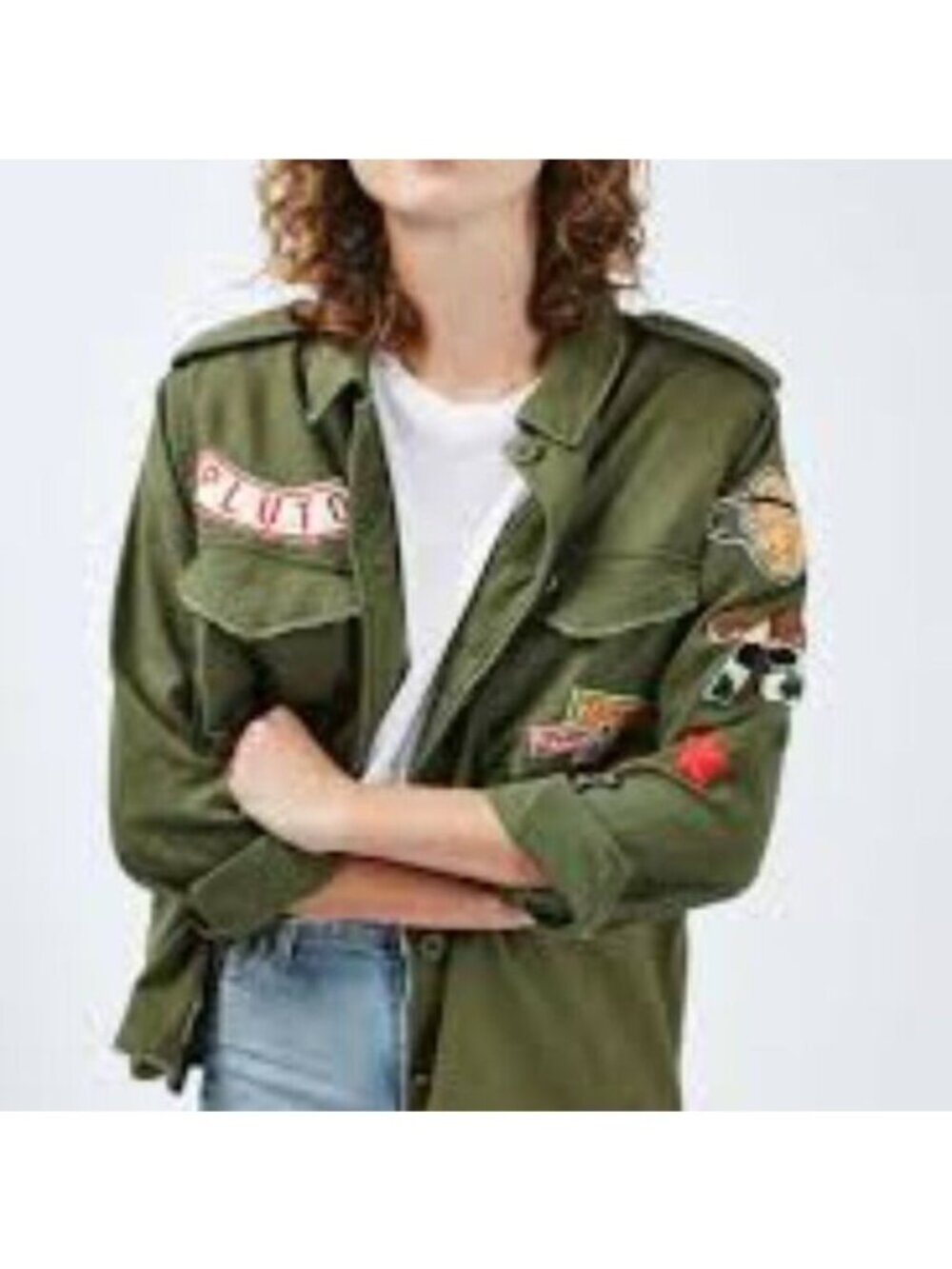 Topshop Olive Green Cotton Patches Button Front Military Jacket Size 4